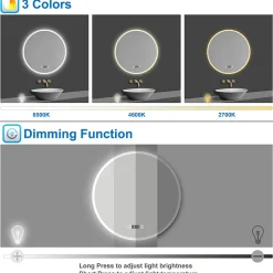 AICA Sanitaire Miroir de salle de bain rond 60x60cm avec Horloge, LED, Tricolore, Anti-Buée,* Miroir Lumineux