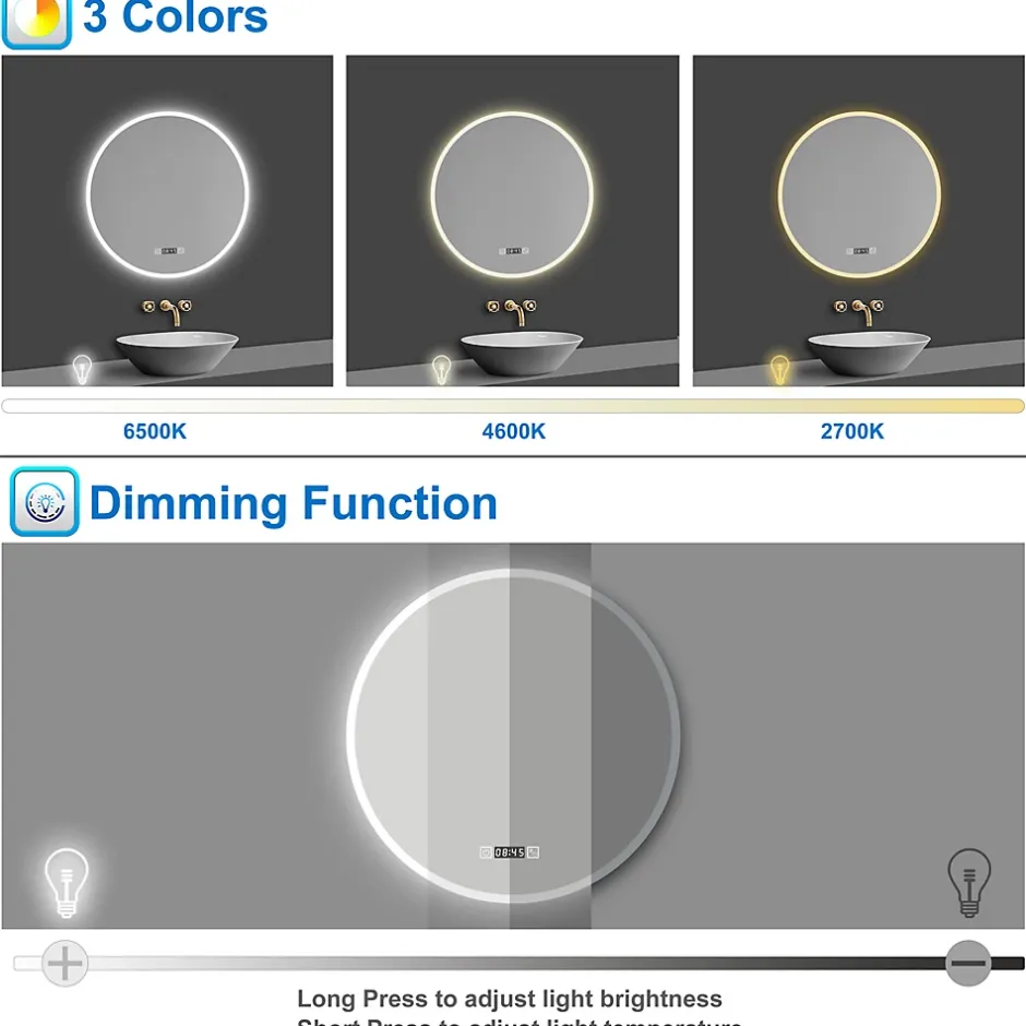 AICA Sanitaire Miroir de salle de bain rond 60x60cm avec Horloge, LED, Tricolore, Anti-Buée,* Miroir Lumineux