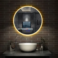 AICA Sanitaire Miroir de salle de bain simple Bluetooth LED rond tricolore tactile avec anti-buée 60cm,* Miroir Lumineux