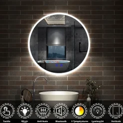 AICA Sanitaire Miroir de salle de bain simple Bluetooth LED rond tricolore tactile avec anti-buée 60cm,* Miroir Lumineux
