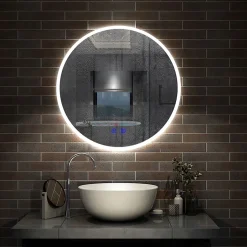 AICA Sanitaire Miroir de salle de bain simple Bluetooth LED rond tricolore tactile avec anti-buée 70cm,* Miroir Lumineux