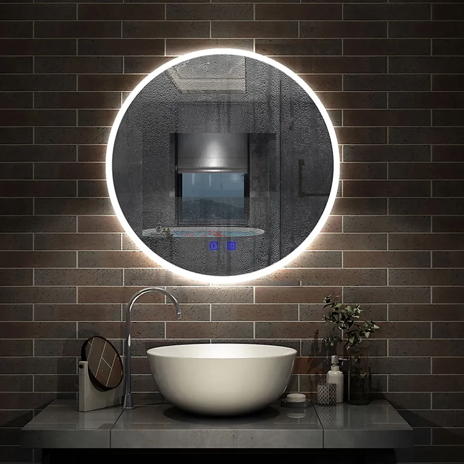 AICA Sanitaire Miroir de salle de bain simple Bluetooth LED rond tricolore tactile avec anti-buée 70cm,* Miroir Lumineux