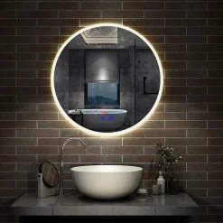 AICA Sanitaire Miroir de salle de bain simple Bluetooth LED rond tricolore tactile avec anti-buée 70cm,* Miroir Lumineux