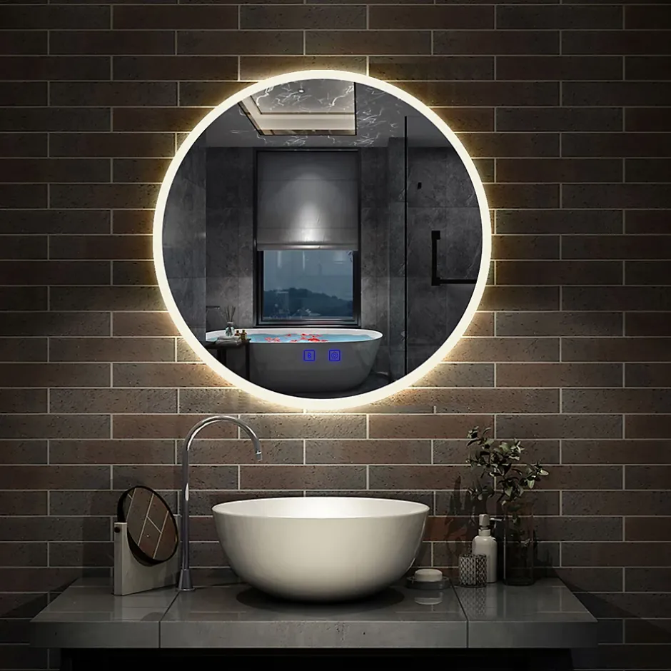 AICA Sanitaire Miroir de salle de bain simple Bluetooth LED rond tricolore tactile avec anti-buée 70cm,* Miroir Lumineux