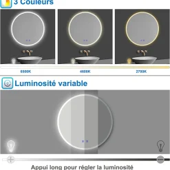 AICA Sanitaire Miroir de salle de bain simple Bluetooth LED rond tricolore tactile avec anti-buée 70cm,* Miroir Lumineux