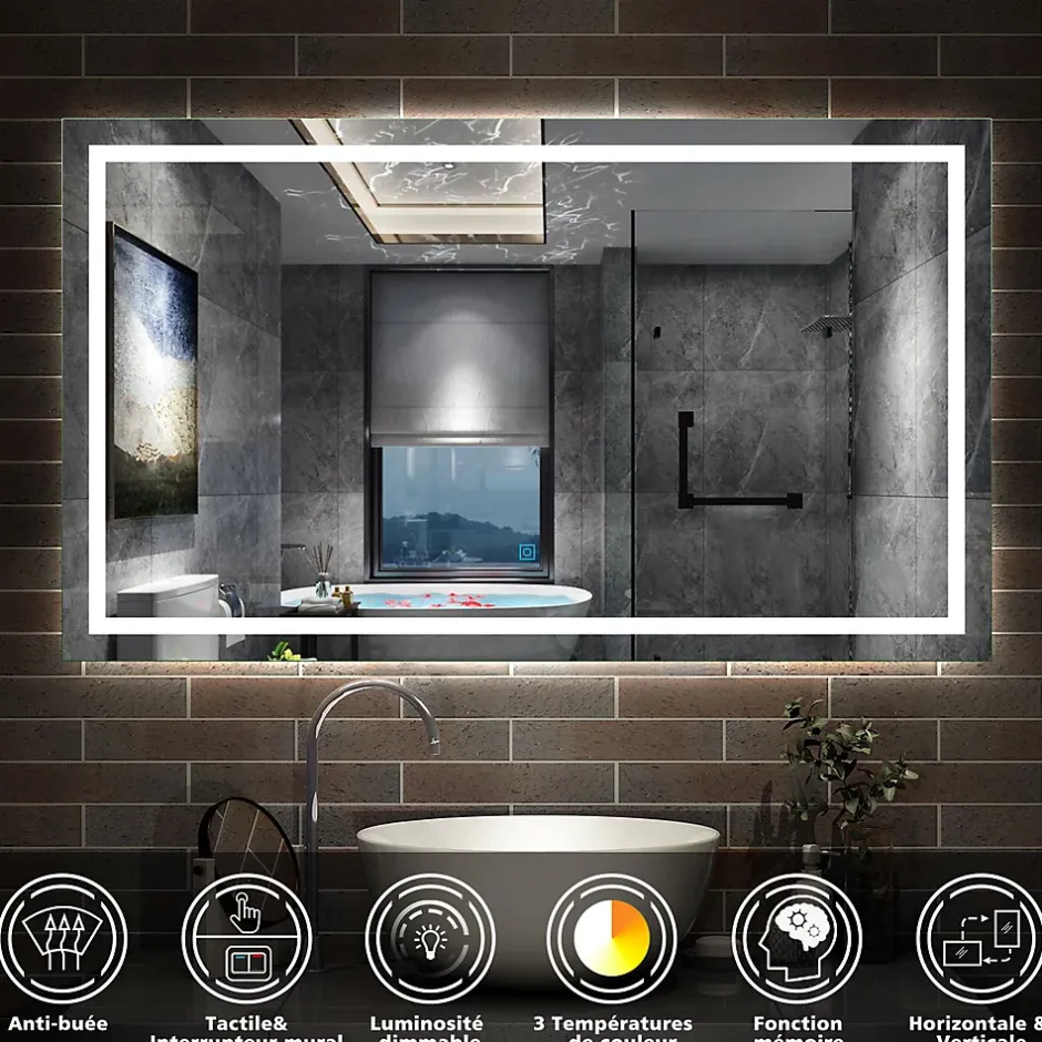 AICA Sanitaire Miroir de salle de bain 140x80cm Tri-color anti-buée LED avec mémoire et lumière gradation,* Miroir Lumineux