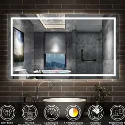 AICA Sanitaire Miroir de salle de bain 120x70cm Tri-color anti-buée LED avec mémoire et lumière gradation,* Miroir Lumineux