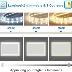 AICA Sanitaire Miroir de salle de bain 120x70cm Tri-color anti-buée LED avec mémoire et lumière gradation,