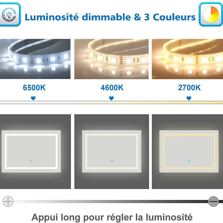 AICA Sanitaire Miroir de salle de bain 120x70cm Tri-color anti-buée LED avec mémoire et lumière gradation,