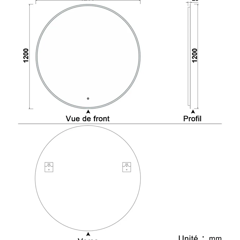 AICA Sanitaire Miroir de salle de bain 120x120cm LED Rond anti-buée et tactile de Salle de Bain monochrome,