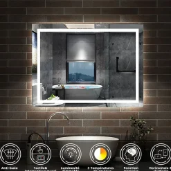 AICA Sanitaire Miroir de salle de bain 100x70cm Tri-color anti-buée LED avec mémoire et lumière gradation,