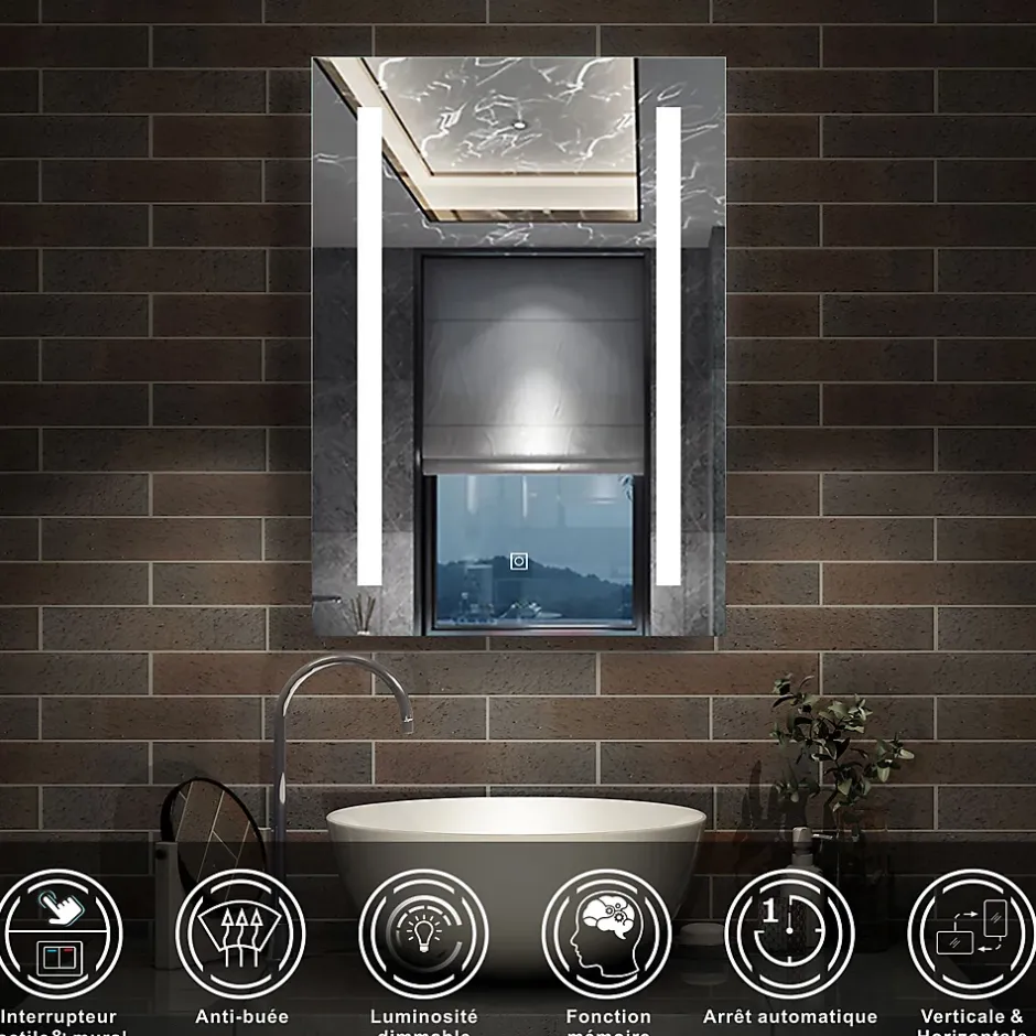 AICA Sanitaire Miroir de salle de bain 60x45cm avec gradation infinie, anti-buée et mémoire, miroir mural,* Miroir Lumineux