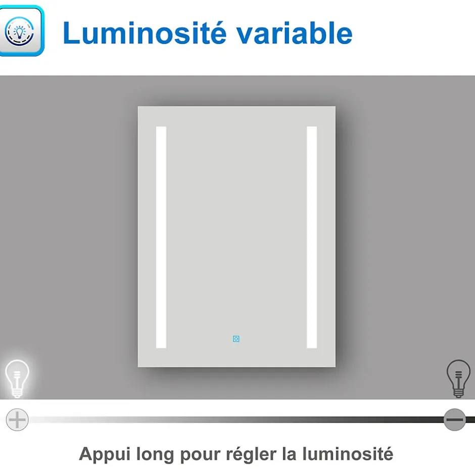 AICA Sanitaire Miroir de salle de bain 60x45cm avec gradation infinie, anti-buée et mémoire, miroir mural,* Miroir Lumineux