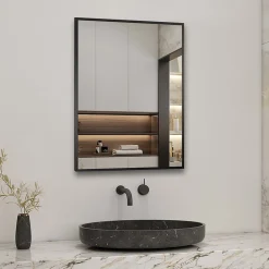 AICA Sanitaire Miroir de salle de bain 80x60cm Cadre carré miroir noir mat suspendu horizontalement et verticalement,