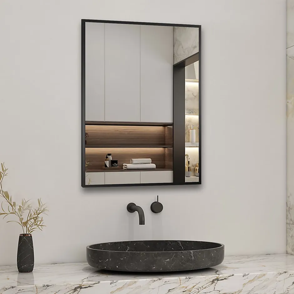 AICA Sanitaire Miroir de salle de bain 80x60cm Cadre carré miroir noir mat suspendu horizontalement et verticalement,