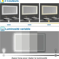 AICA Sanitaire Miroir de salle de bain 100x60cm Tri-color anti-buée LED avec mémoire et lumière gradation,* Miroir Lumineux