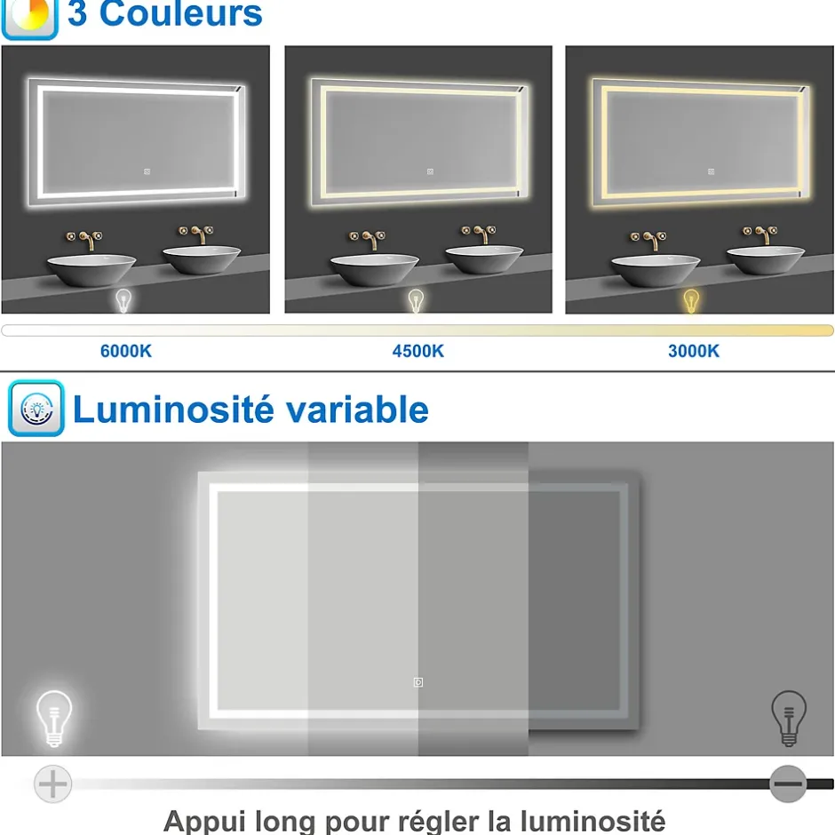 AICA Sanitaire Miroir de salle de bain 100x60cm Tri-color anti-buée LED avec mémoire et lumière gradation,* Miroir Lumineux