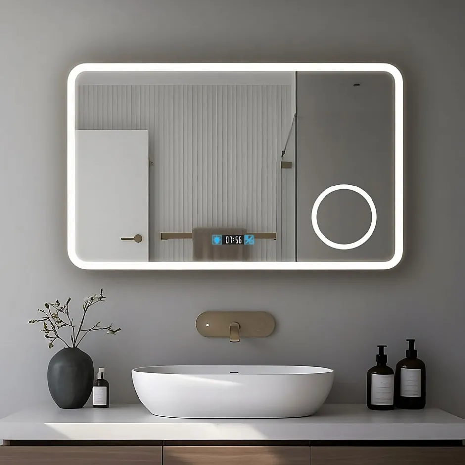 Mon Beau bain Miroir de salle de bain 80x60cm avec horloge digitale et éclairage LED à couleur réglable (2700K/4600K/6500K)* Miroir Grossissant Lumineux