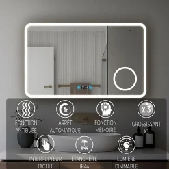 Mon Beau bain Miroir de salle de bain 80x60cm avec horloge digitale et éclairage LED à couleur réglable (2700K/4600K/6500K)* Miroir Grossissant Lumineux