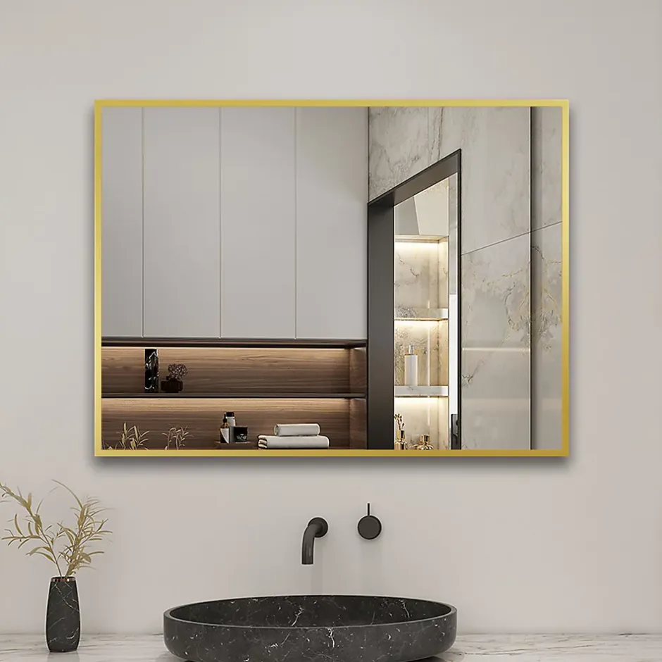 AICA Sanitaire Miroir de salle de bain 80x60cm Cadre carré miroir or mat suspendu, horizontalement et verticalement,