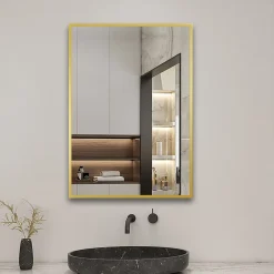 AICA Sanitaire Miroir de salle de bain 80x60cm Cadre carré miroir or mat suspendu, horizontalement et verticalement,