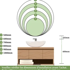 Mon Beau bain Miroir de salle de bains rond 80x80 cm - Anti-Buée , Mémoire, LED,Miroir lumineux de salle de bains* Miroir Lumineux