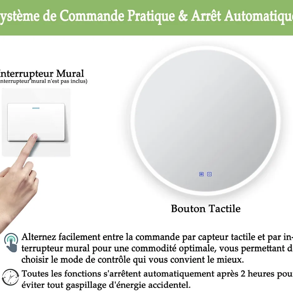 Mon Beau bain Miroir de salle de bains rond 80x80 cm - Anti-Buée , Mémoire, LED,Miroir lumineux de salle de bains* Miroir Lumineux