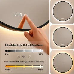 Mirlux Miroir de salle de bains lumineux LED rond 120cm, Cadre noir, Antibuée