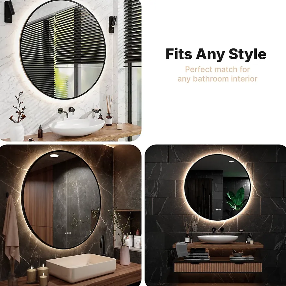 Mirlux Miroir de salle de bains lumineux LED rond 120cm, Cadre noir, Antibuée