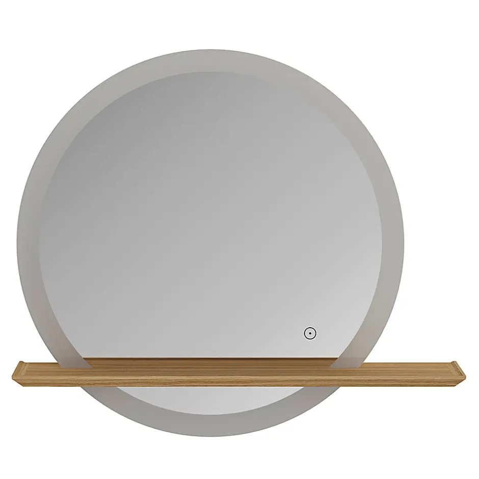 GoodHome Miroir de salle de bains lumineux LED rond avec tablette bois, Avela