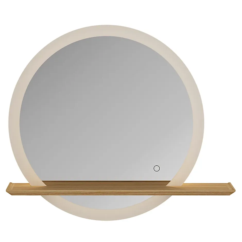 GoodHome Miroir de salle de bains lumineux LED rond avec tablette bois, Avela