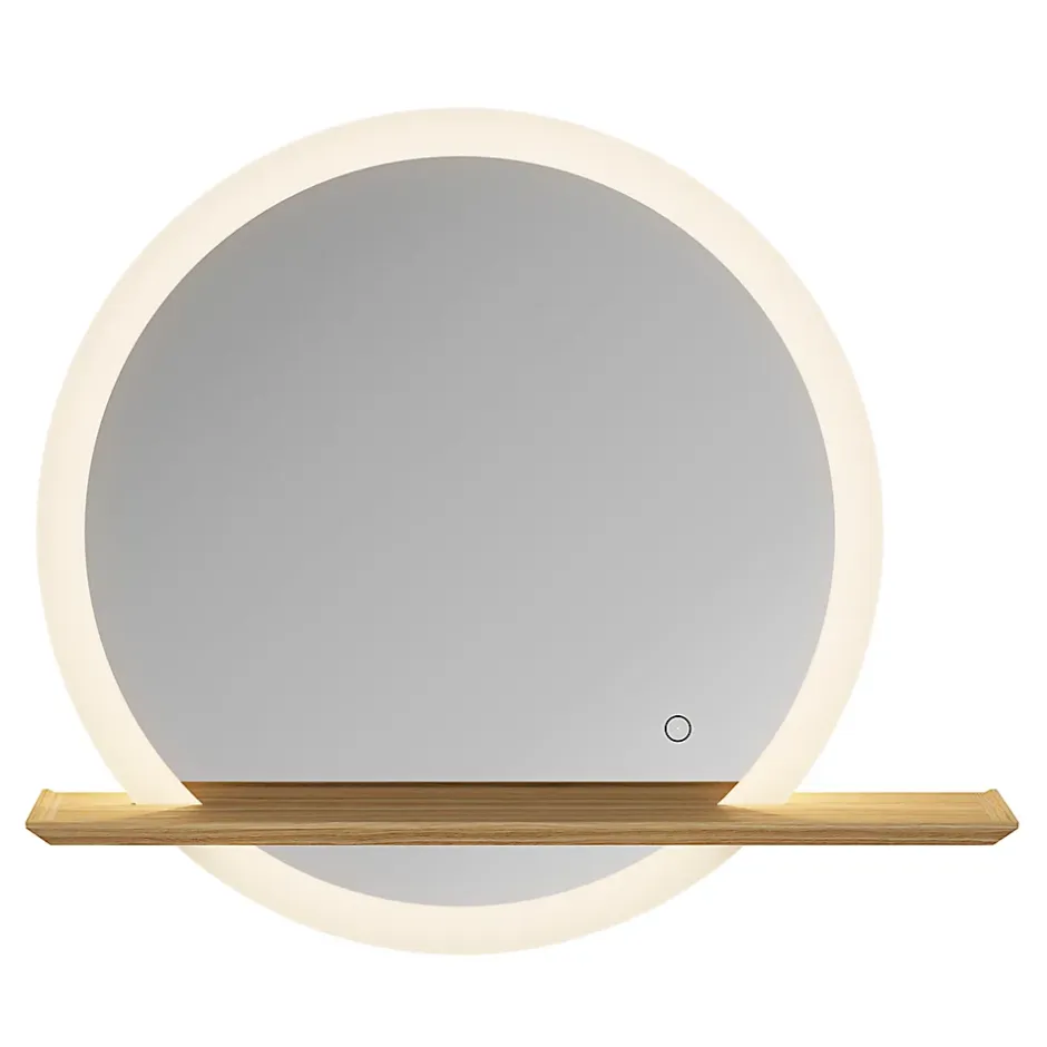 GoodHome Miroir de salle de bains lumineux LED rond avec tablette bois, Avela