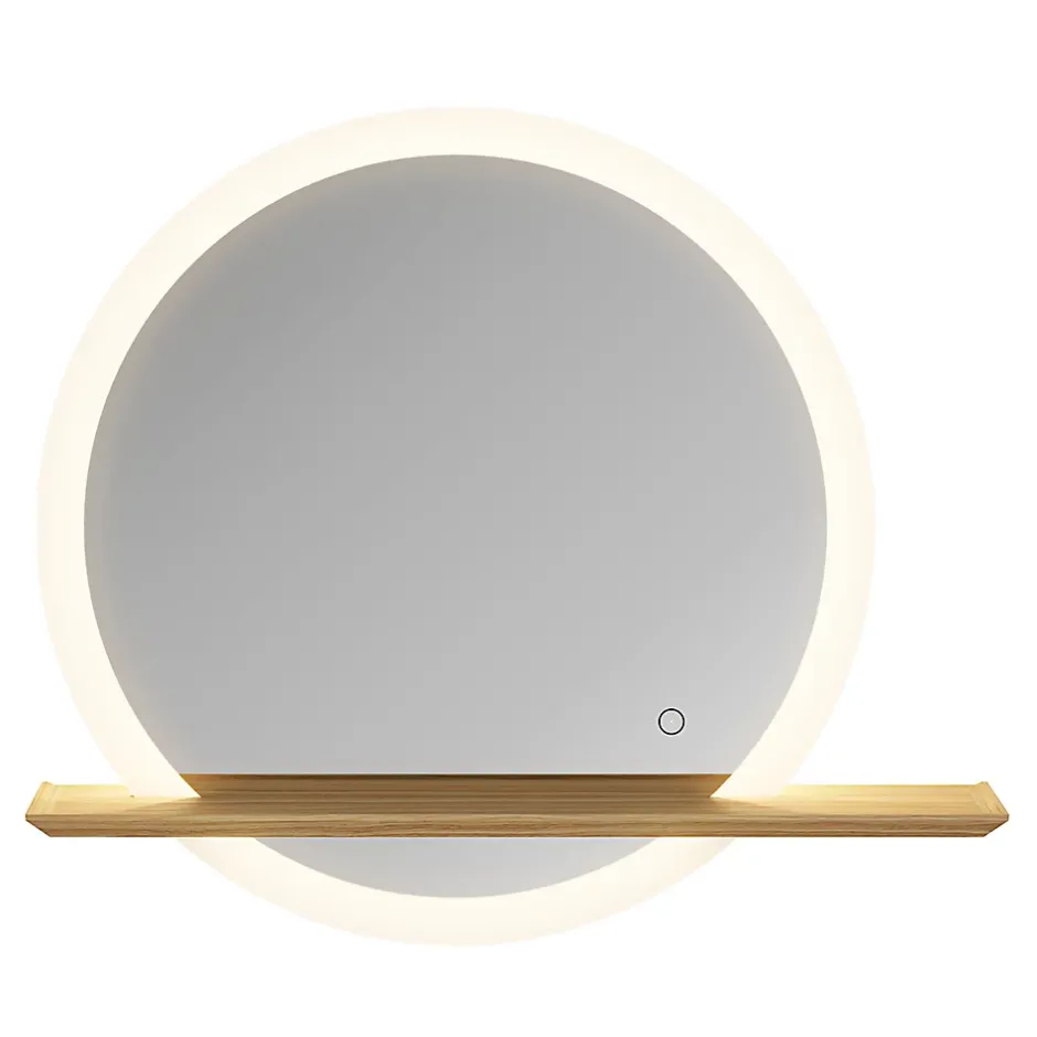 GoodHome Miroir de salle de bains lumineux LED rond avec tablette bois, Avela