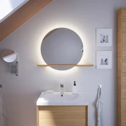GoodHome Miroir de salle de bains lumineux LED rond avec tablette bois, Avela