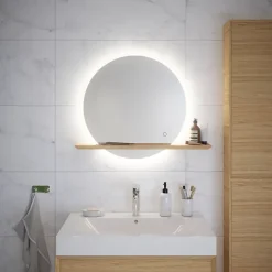 GoodHome Miroir de salle de bains lumineux LED rond avec tablette bois, Avela