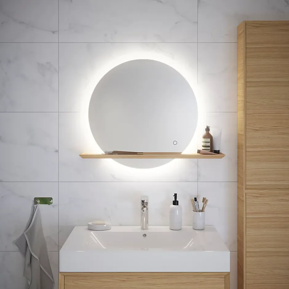 GoodHome Miroir de salle de bains lumineux LED rond avec tablette bois, Avela