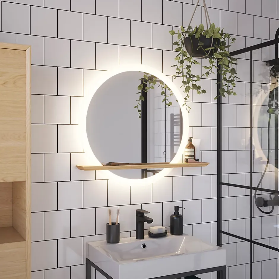 GoodHome Miroir de salle de bains lumineux LED rond avec tablette bois, Avela