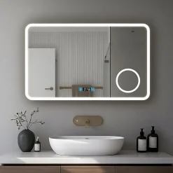 Saniland Miroir LED antibuée 120x70 avec zone grossissante X3 température de couleur réglable* Miroir Grossissant Lumineux