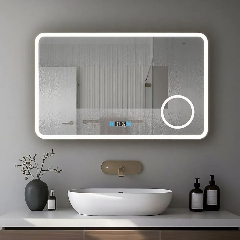 Saniland Miroir LED antibuée 140x80 avec zone grossissante X3 température de couleur réglable* Miroir Grossissant Lumineux