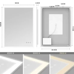 Saniverre Miroir LED lumineux TEMEO 90 x 120 cm (ou 120x90) antibuée + intensité 2100 lms & couleur réglables salle de bain -