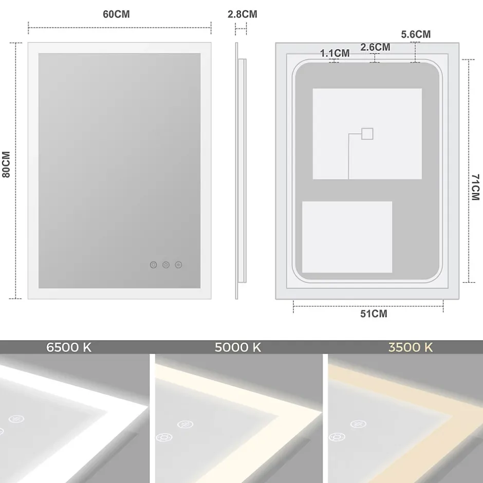 Saniverre Miroir LED lumineux TEMEO 60 x 80 cm (ou 80x60) antibuée + intensité 2100 lms & couleur réglables salle de bain -* Miroir Lumineux