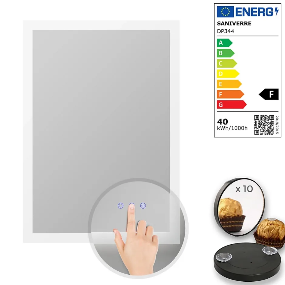 Saniverre Miroir LED lumineux TEMEO 60 x 80 cm (ou 80x60) antibuée + intensité 2100 lms & couleur réglables salle de bain -* Miroir Lumineux