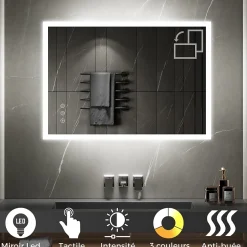 Saniverre Miroir LED lumineux TEMEO 70 x 100 cm (ou 100x70) antibuée + intensité 2100 lms & couleur réglables salle de bain -* Miroir Lumineux