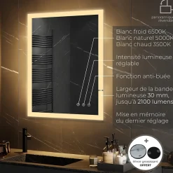 Saniverre Miroir LED lumineux TEMEO 70 x 100 cm (ou 100x70) antibuée + intensité 2100 lms & couleur réglables salle de bain -* Miroir Lumineux