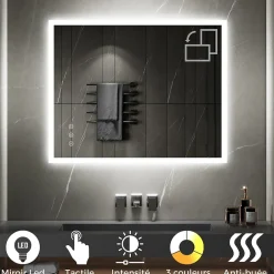 Saniverre Miroir LED lumineux TEMEO 80 x 100 cm (ou 100x80) antibuée + intensité 2100 lms & couleur réglables salle de bain -
