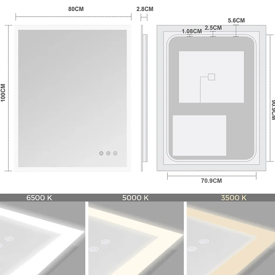 Saniverre Miroir LED lumineux TEMEO 80 x 100 cm (ou 100x80) antibuée + intensité 2100 lms & couleur réglables salle de bain -