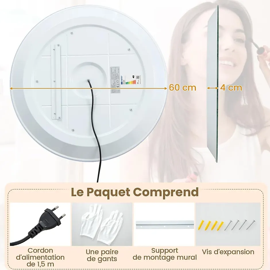 Giantex Miroir LED Mural de Salle de Bain Eclairage LED 3 Couleurs Fonction Memoire Antibuee Lecture Heure Temperature Rond-Blanc
