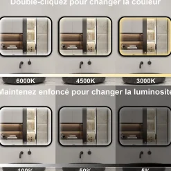 AICA Sanitaire Miroir LED pour Salle de Bain 120x70 cm - Anti-Buée, Lumière tricolore et Dimmable* Miroir Lumineux