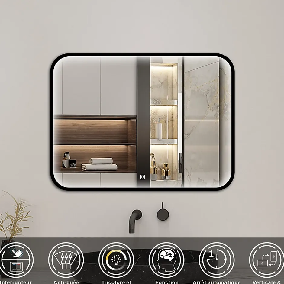 AICA Sanitaire Miroir LED pour Salle de Bain 90x70 cm - Anti-Buée, Lumière tricolore et Dimmable
