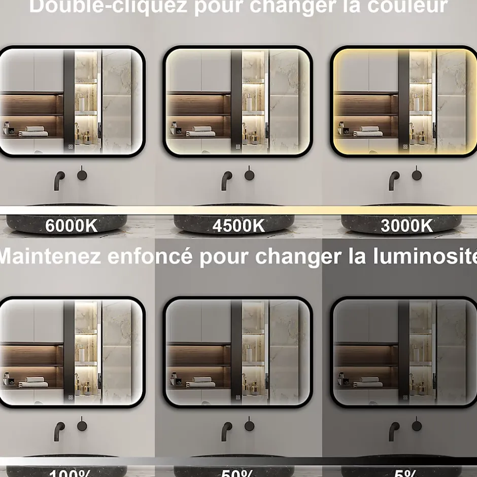 AICA Sanitaire Miroir LED pour Salle de Bain 90x70 cm - Anti-Buée, Lumière tricolore et Dimmable
